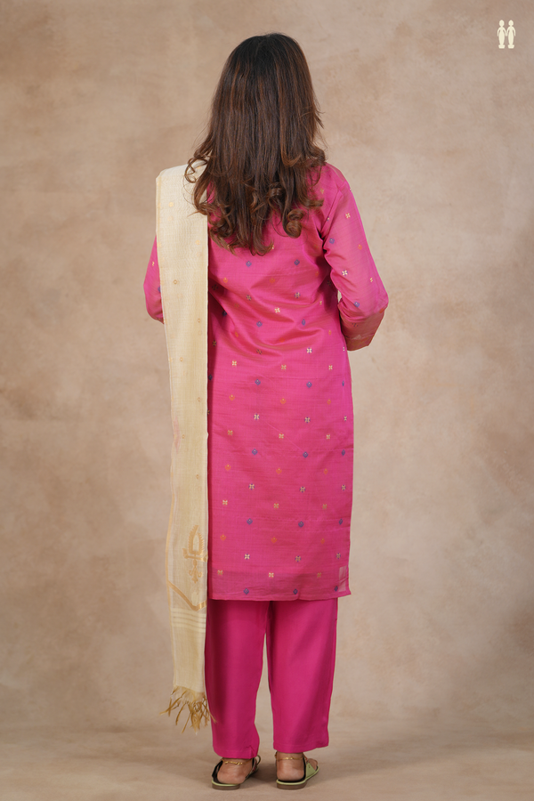 Split Neck Zari Buttas Dark Pink Silk Cotton Salwar Set