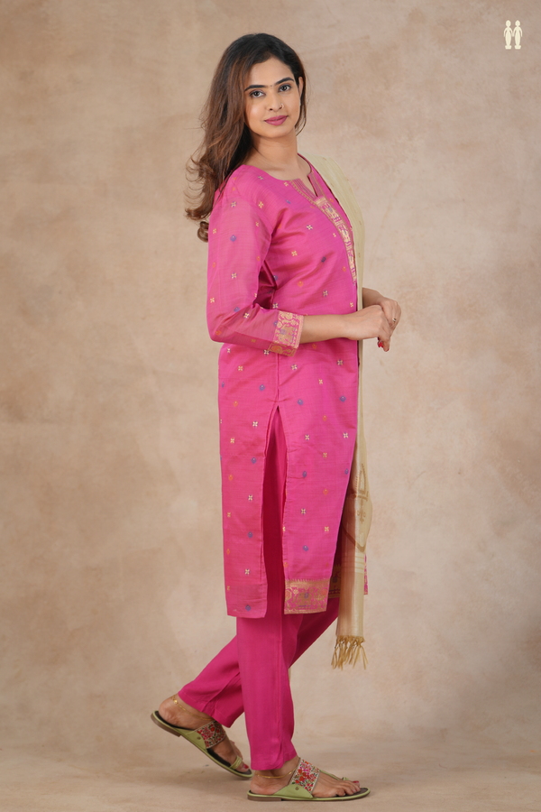 Split Neck Zari Buttas Dark Pink Silk Cotton Salwar Set