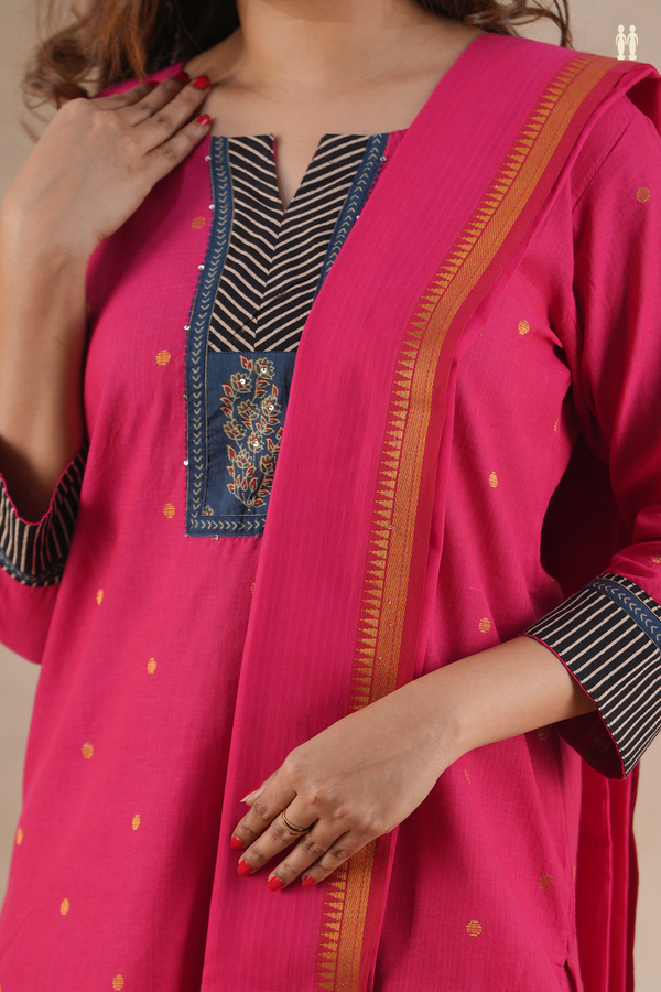 Split Neck Zari Buttas Rani Pink Cotton Salwar Set