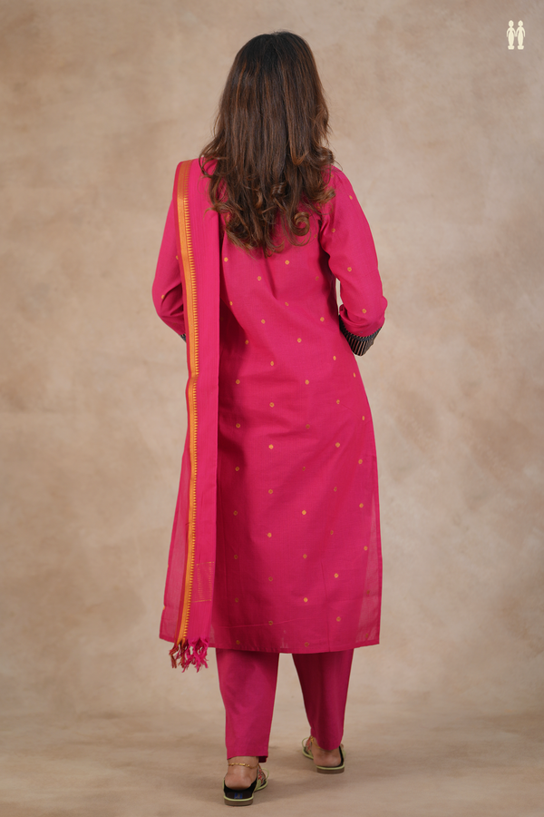 Split Neck Zari Buttas Rani Pink Cotton Salwar Set