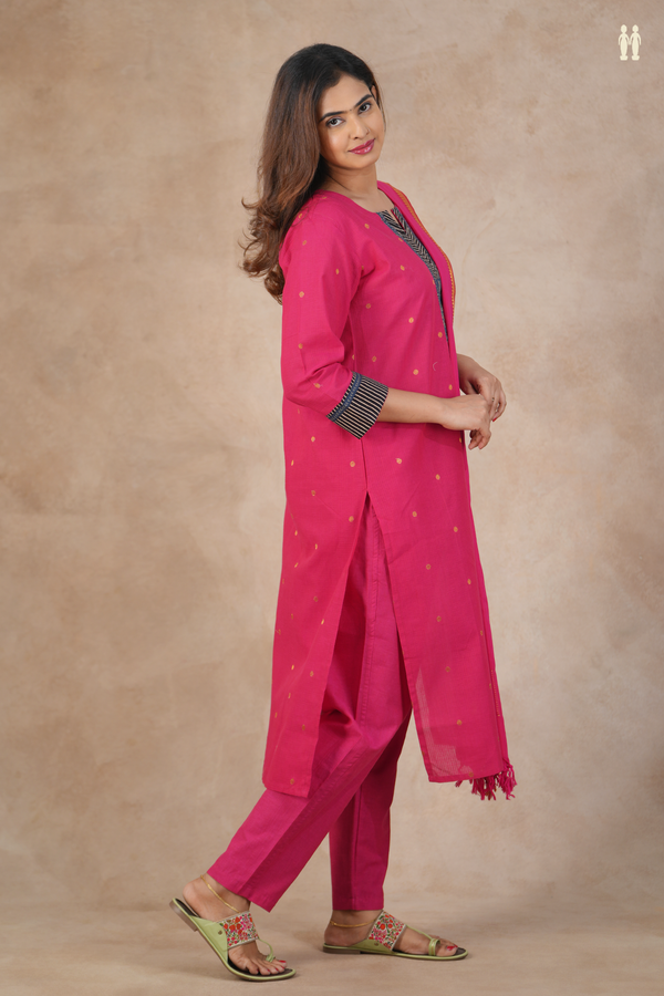 Split Neck Zari Buttas Rani Pink Cotton Salwar Set