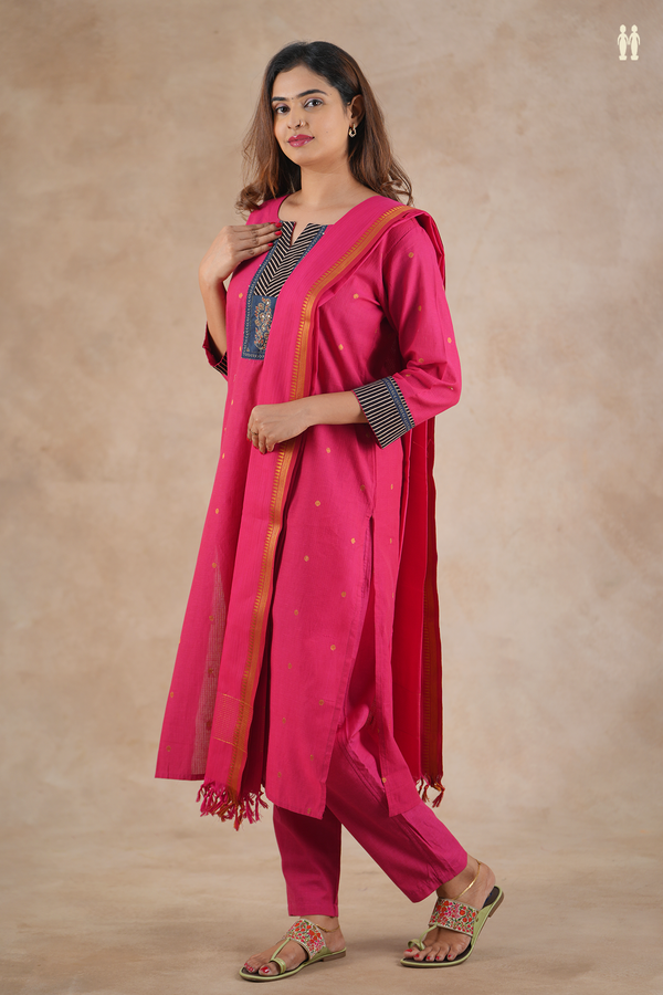 Split Neck Zari Buttas Rani Pink Cotton Salwar Set