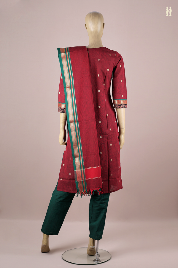 Split Neck Zari Buttas Red Cotton Salwar Set