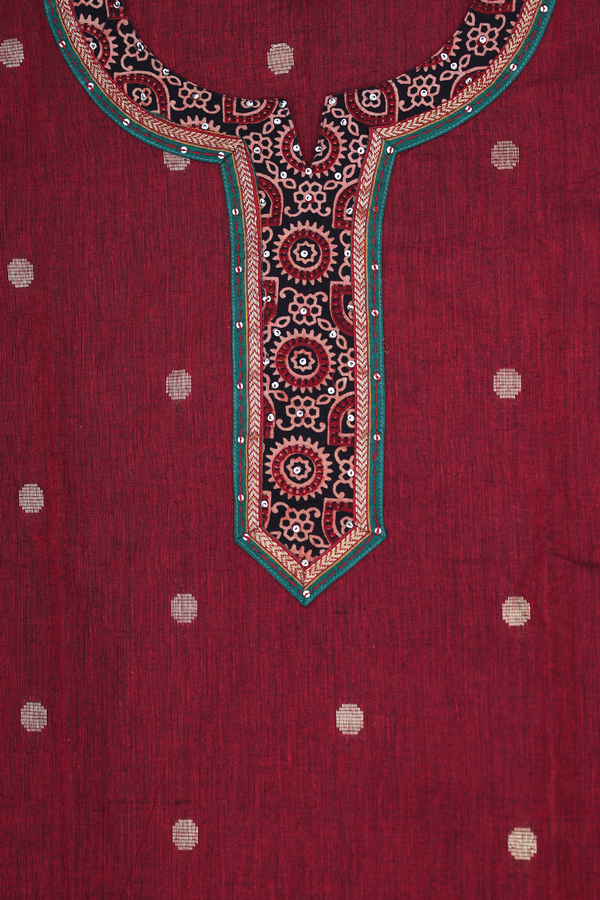 Split Neck Zari Buttas Red Cotton Salwar Set