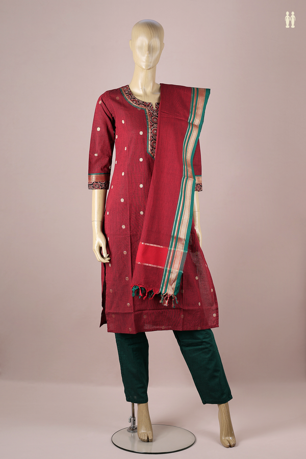 Split Neck Zari Buttas Red Cotton Salwar Set