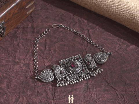 Square And Peacock Design Oxidized Pure Silver Choker