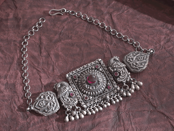 Square And Peacock Design Oxidized Pure Silver Choker