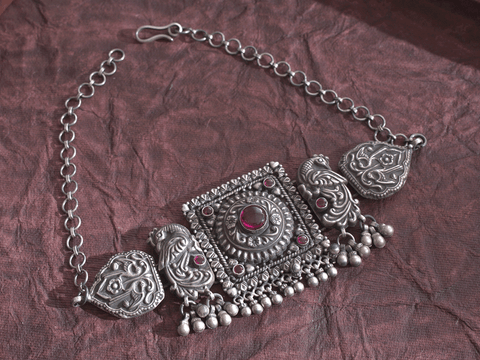 Square And Peacock Design Oxidized Pure Silver Choker