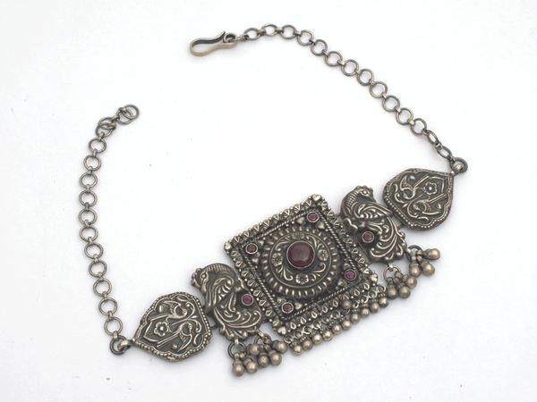 Square And Peacock Design Oxidized Pure Silver Choker