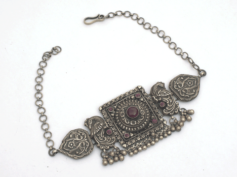 Square And Peacock Design Oxidized Pure Silver Choker