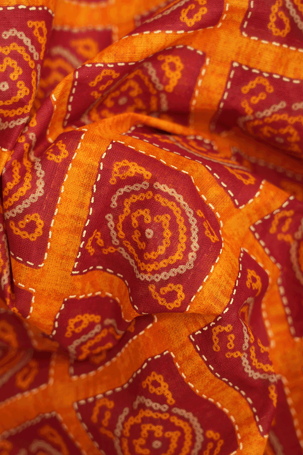 Square Printed Design Royal Orange Ahmedabad Cotton Saree