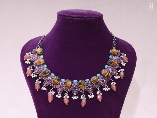 Tiger Eye Semi Precious Stone Oxidized Pure Silver Necklace