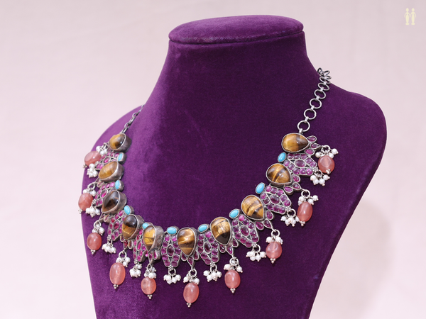 Tiger Eye Semi Precious Stone Oxidized Pure Silver Necklace