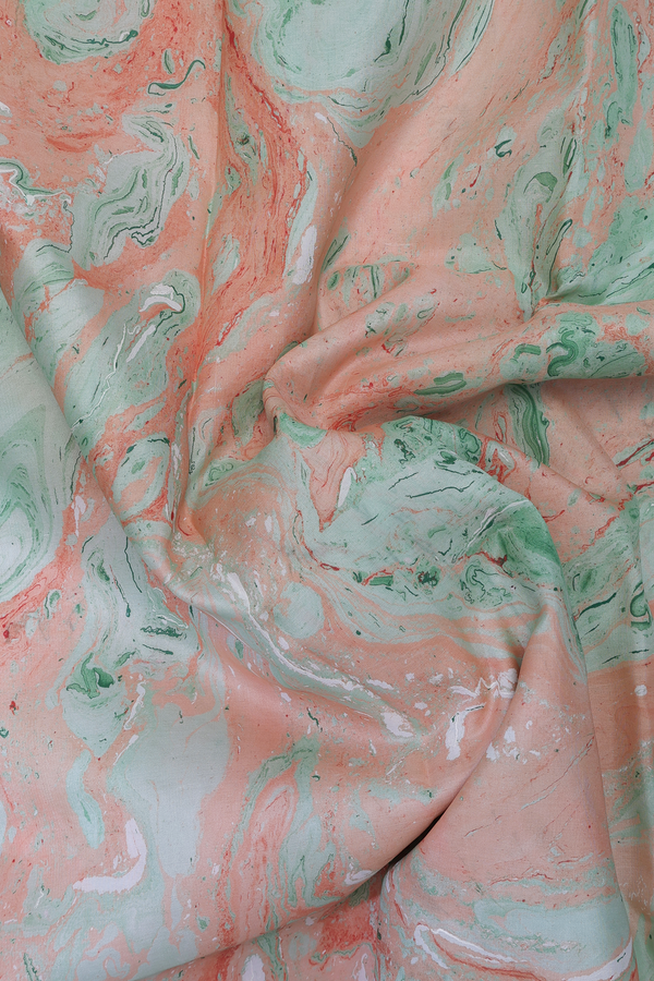 Stone Texture Design Green And Orange Hand Marble Silk Saree