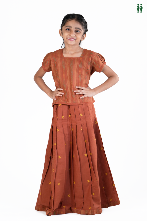 Stripes Design Brown Cotton Readymade Pavadai Sattai