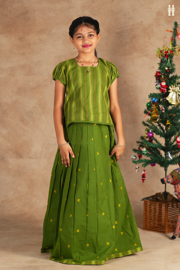 Stripes Design Green Cotton Readymade Pavadai Sattai