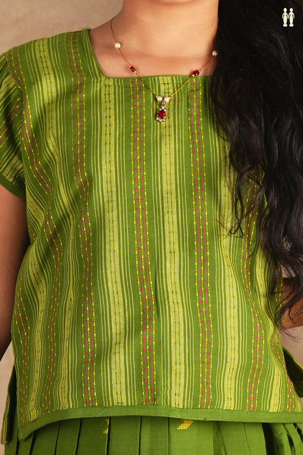 Stripes Design Green Cotton Readymade Pavadai Sattai