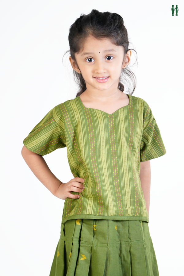 Stripes Design Green Cotton Readymade Pavadai Sattai