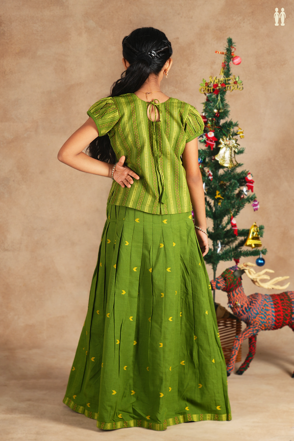 Stripes Design Green Cotton Readymade Pavadai Sattai