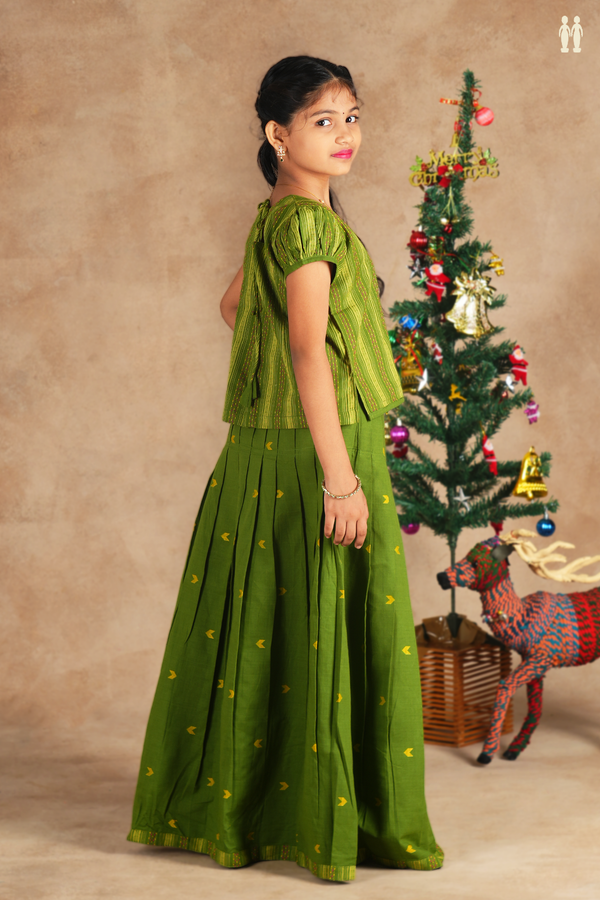 Stripes Design Green Cotton Readymade Pavadai Sattai