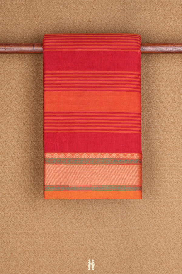 Stripes Design Red And Orange Kanchi Cotton Saree