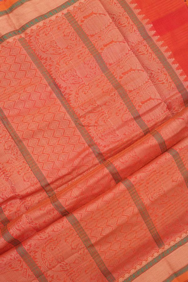 Stripes Design Red And Orange Kanchi Cotton Saree