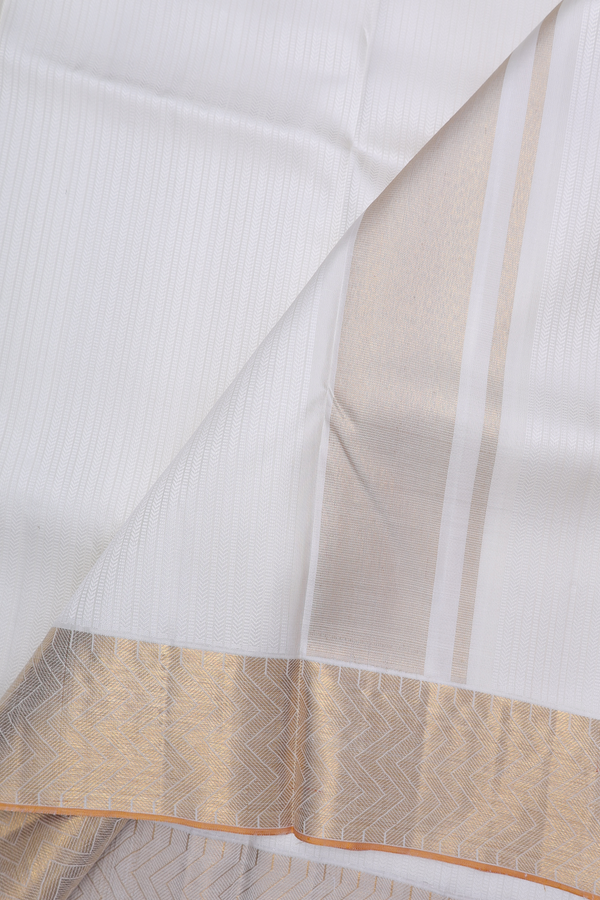 Stripes Design White Silk Dhoti With Angavastram Set