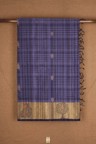 Stripes With Buttas Purplish Blue Kora Silk Cotton Saree