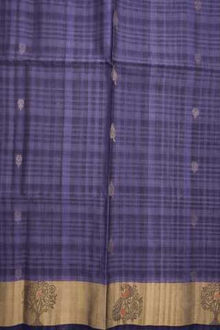 Stripes With Buttas Purplish Blue Kora Silk Cotton Saree