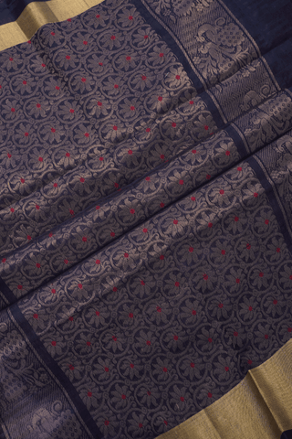 Stripes With Buttas Purplish Blue Kora Silk Cotton Saree