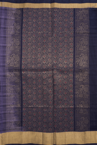Stripes With Buttas Purplish Blue Kora Silk Cotton Saree