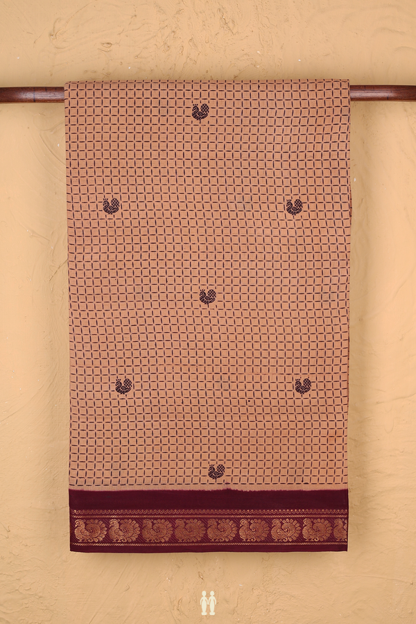 Sungudi Cotton Saree In Biscuit Color With Printed Design