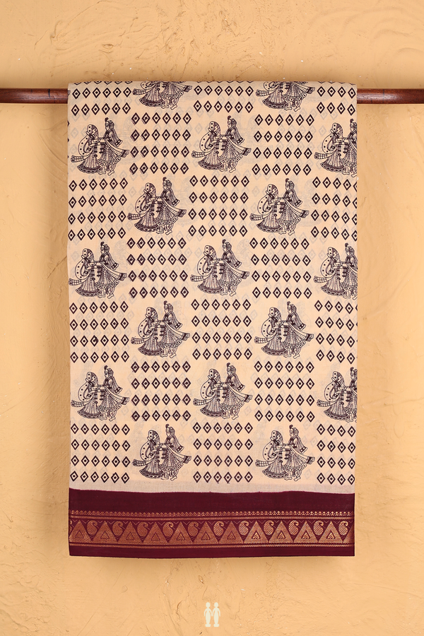 Sungudi Cotton Saree In Biscuit Color With Printed Design