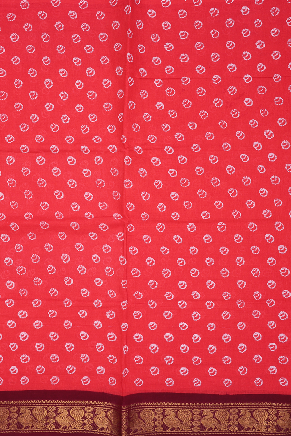 Sungudi Cotton Saree In Coral Red With Paisley Design