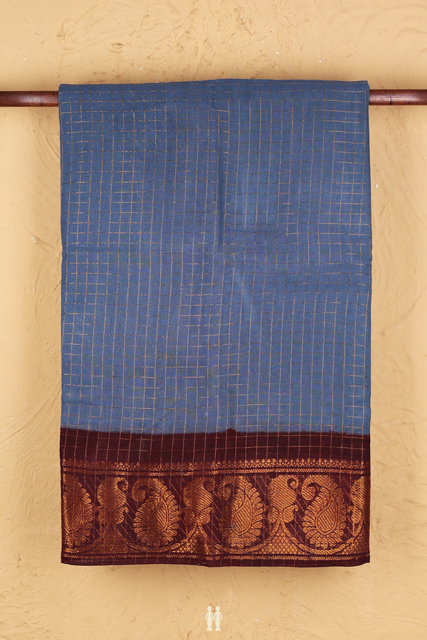 Sungudi Cotton Saree In Dusty Blue With Checks Design