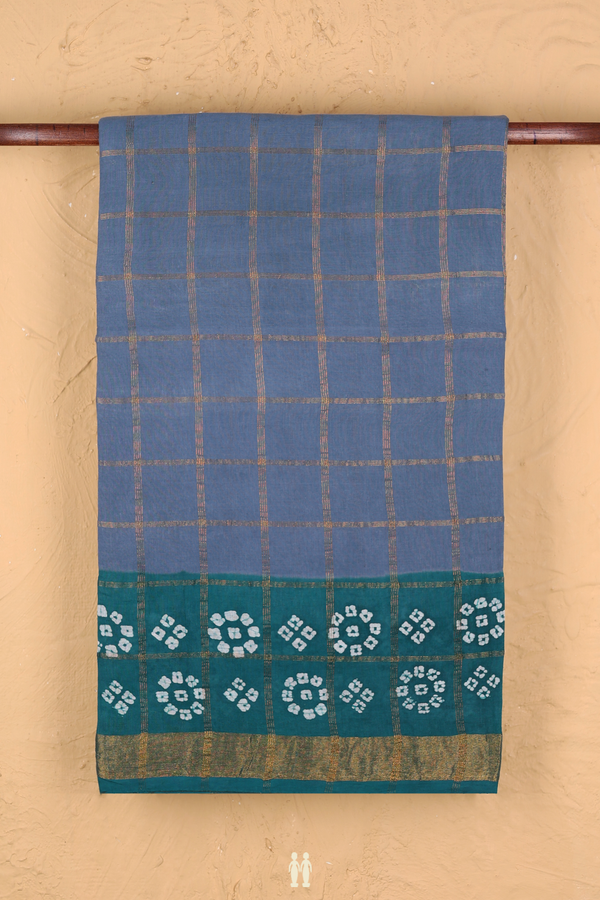 Sungudi Cotton Saree In Dusty Blue With Checks Design