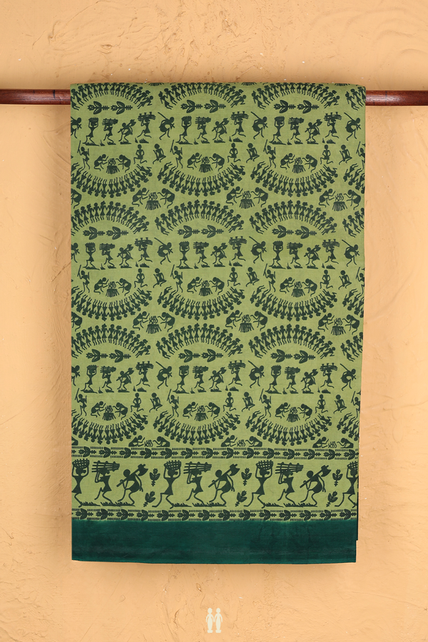 Sungudi Cotton Saree In Dusty Green With Warli Design