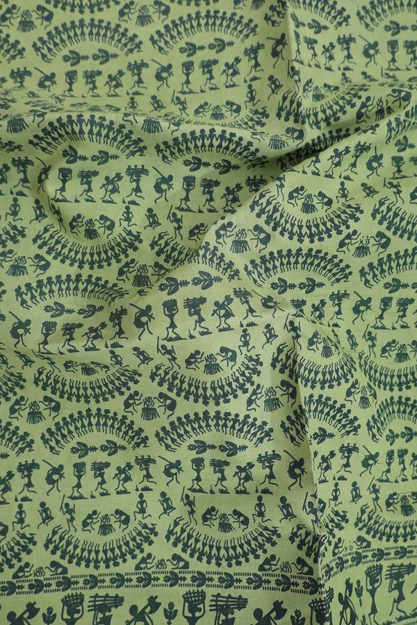 Sungudi Cotton Saree In Dusty Green With Warli Design