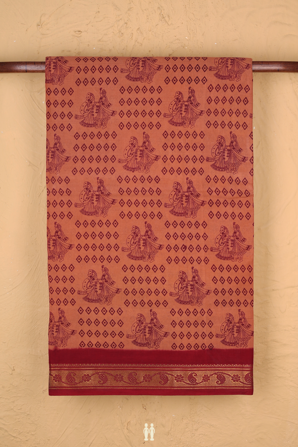 Sungudi Cotton Saree In Dusty Orange With Printed Design