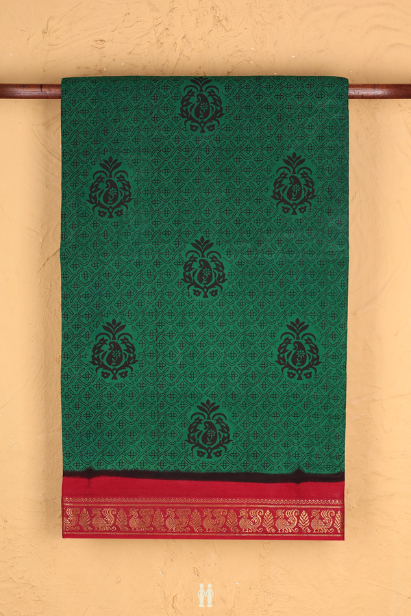 Sungudi Cotton Saree In Forest Green With Printed Design