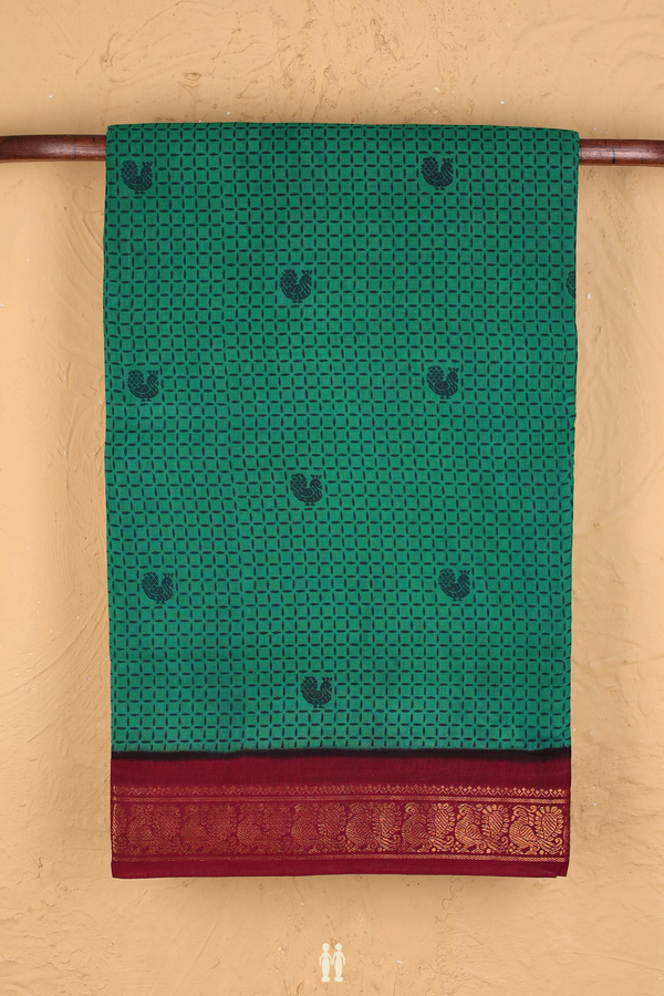 Sungudi Cotton Saree In Forest Green With Printed Design