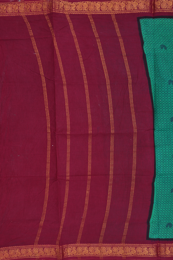 Sungudi Cotton Saree In Forest Green With Printed Design
