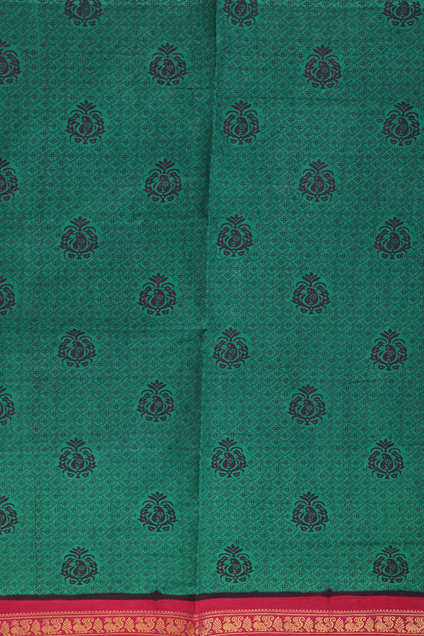 Sungudi Cotton Saree In Forest Green With Printed Design