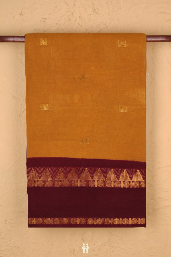 Sungudi Cotton Saree In Golden Yellow With Rudraksh Buttas