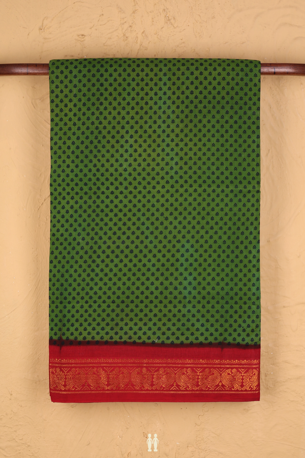 Sungudi Cotton Saree In Green With Printed Design