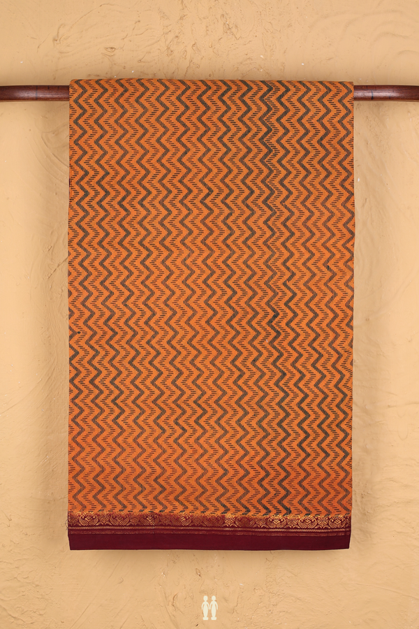 Sungudi Cotton Saree In Ochre Orange With Printed Design
