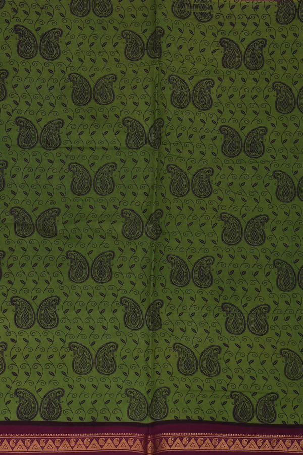 Sungudi Cotton Saree In Olive Green With Paisley Design