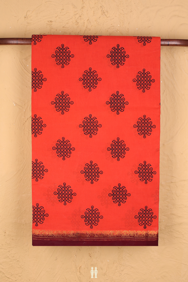 Sungudi Cotton Saree In Orange With Printed Design