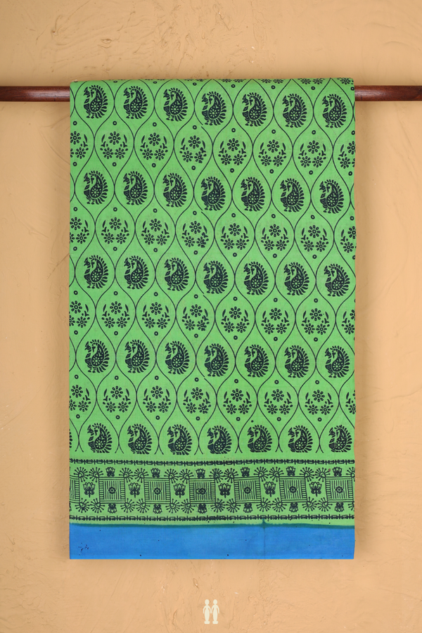 Sungudi Cotton Saree In Parrot Green With Peacock Design