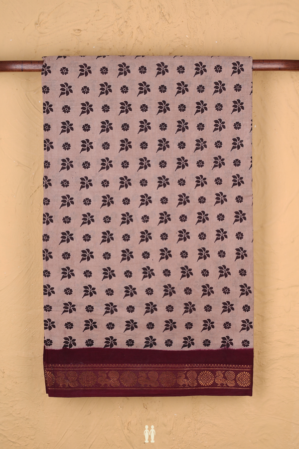Sungudi Cotton Saree In Pastel Brown With Printed Design